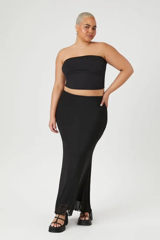 Women's Mesh Lettuce-Edge Maxi Skirt in Black, 0X