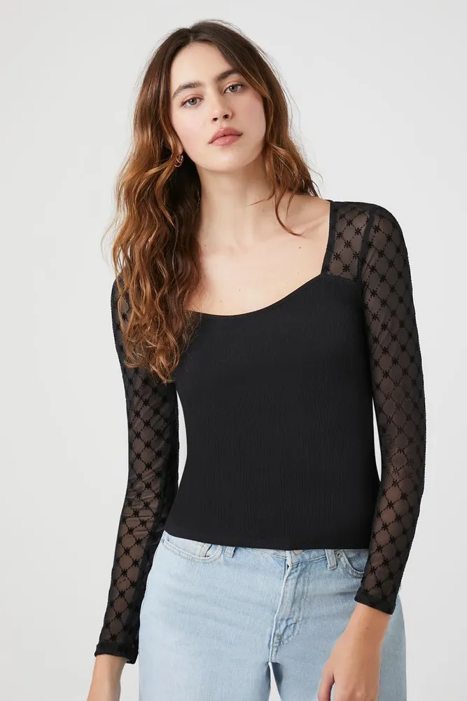 Women's Ribbed Lattice-Sleeve Top