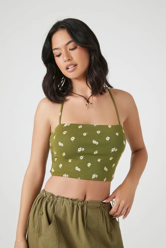 Forever 21 Women's Floral Print Cropped Cami in Green Large