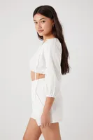 Women's Peasant-Sleeve Crop Top & Shorts Set White