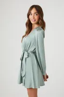 Women's Satin Mock Wrap Mini Dress in Green Haze Small