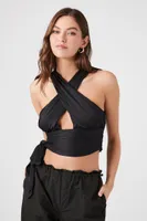 Women's Crisscross Cutout Tie Crop Top in Black Large