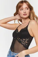 Women's Mesh Eyelash-Lace Cami Bodysuit Black,