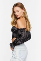 Women's Satin Off-the-Shoulder Crop Top in Black Medium