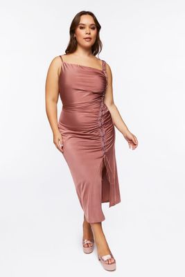 Women's Lace-Up Ruched Midi Dress in Mauve, 2X