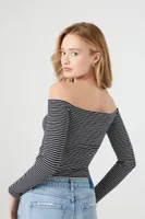Women's Striped Off-the-Shoulder Crop Top in Black/White, XS