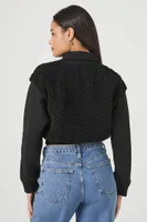 Women's Faux Shearling Cropped Bomber Jacket in Black Small