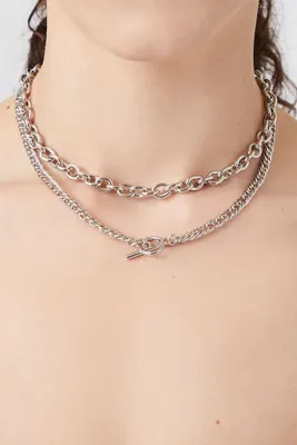 Women's Layered Toggle Curb Chain Necklace in Silver