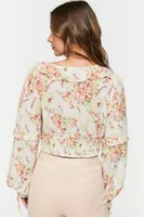 Women's Floral Ruffled Chiffon Crop Top in Cream Small