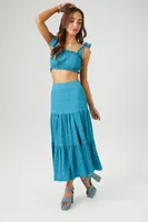 Women's Smocked Crop Top & Midi Skirt Set in Teal, XL