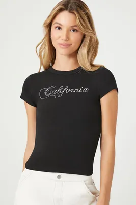 Women's Rhinestone California Cropped T-Shirt in Black/Silver Small