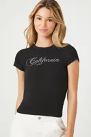 Women's Rhinestone California Cropped T-Shirt in Black/Silver Small