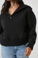 Women's Half-Button Ribbed Sweater in Black Large