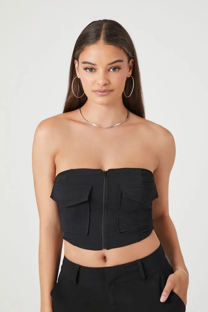 Women's Flap Pocket Zip-Up Tube Top in Black Large