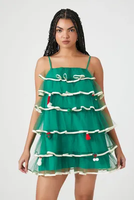 Women's Tiered Mesh Christmas Tree Dress in Green Small