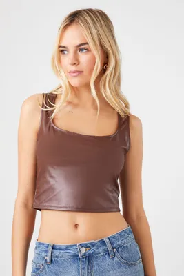 Women's Faux Leather Crop Top in Brown, XS