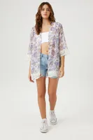 Women's Sheer Floral Print Kimono in Cream Large