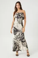 Women's Satin Abstract Strapless Maxi Dress in Tan Small