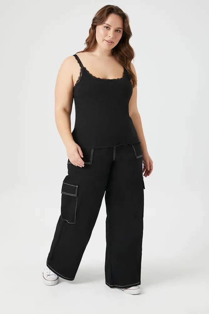 Forever 21 Women's Twill Wide-Leg Cargo Pants in Black, 2X