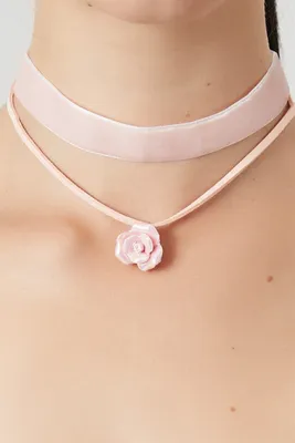 Women's Layered Velour Rose Choker Necklace in Pink/Gold