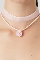 Women's Layered Velour Rose Choker Necklace in Pink/Gold