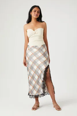 Women's Plaid Lace-Trim Maxi Skirt in White Large