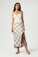 Women's Plaid Lace-Trim Maxi Skirt in White, XS