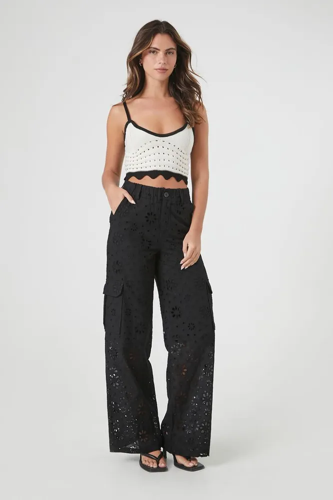 Women's Floral Eyelet Cargo Pants Black