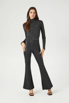 Women's Faux Leather Mid-Rise Flare Pants in Black Large