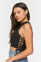 Women's Ribbed Lace-Up Cropped Tank Top in Black Medium