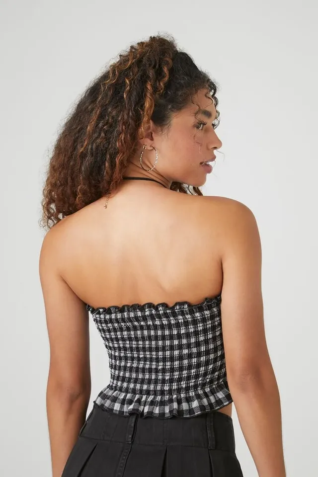 Forever 21 Women's Gingham Plaid Ruffle Cropped Tube Top in Black/White  Small