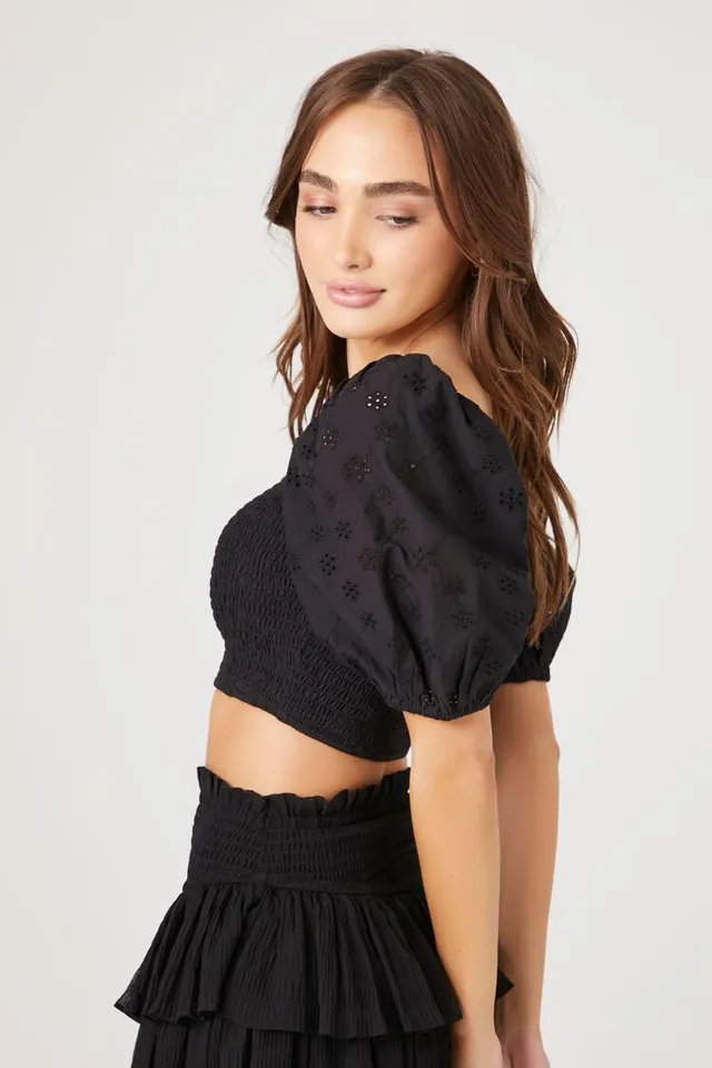 Forever 21 Women's Smocked Floral Eyelet Crop Top in Black Medium