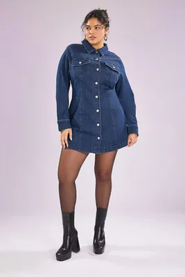 Women's Denim Button-Front Dress in Dark Denim, 0X