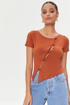 Women's Cutout Button-Loop T-Shirt in Rust Small