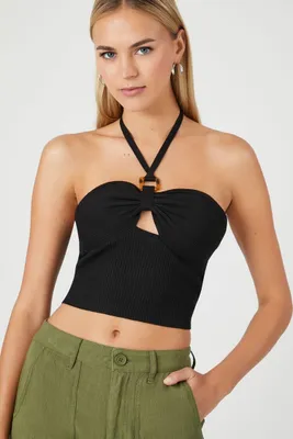 Women's Sweater-Knit Halter Crop Top in Black Small