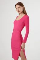 Women's Belted Rib-Knit Bodycon Midi Dress