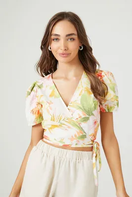 Women's Floral Short-Sleeve Wrap Crop Top in White Small