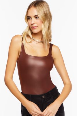 Women's Faux Leather Cami Bodysuit in Brown Medium