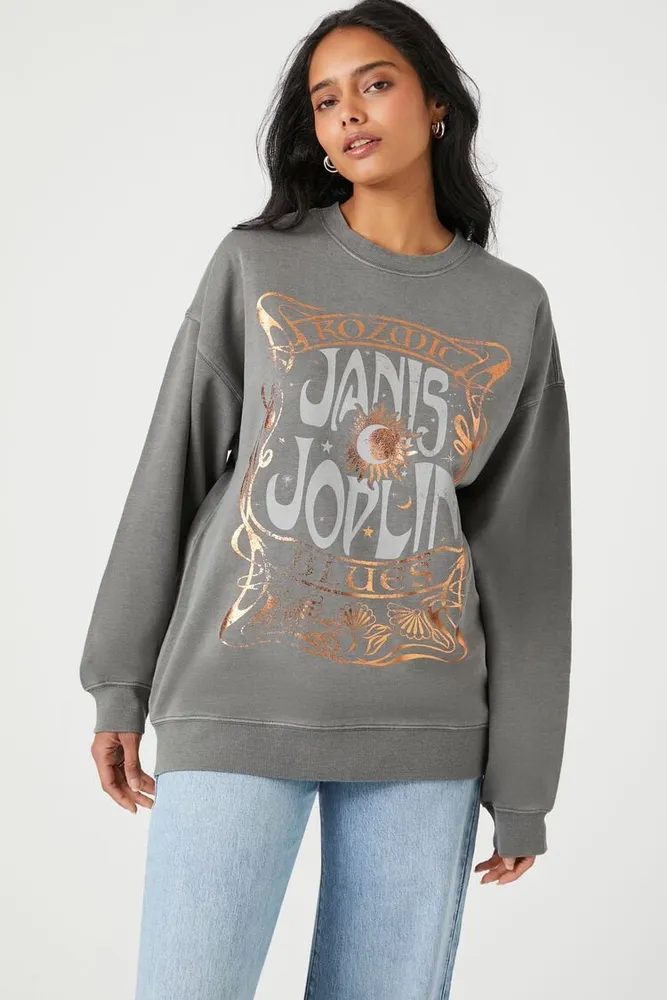 Women's Fleece Janis Joplin Graphic Pullover in Grey, XS