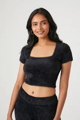 Women's Cropped Fuzzy Sweater-Knit T-Shirt in Black, XL