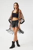 Women's Chiffon Fringe Zebra Print Kimono in Taupe/Black Small