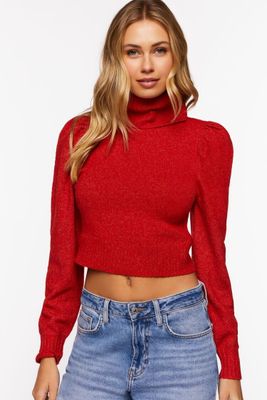 Women's Puff-Sleeve Turtleneck Sweater in Ruby Large