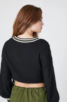 Women's Varsity-Striped Cropped Sweater in Black Large