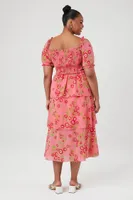 Women's Tiered Floral Print Midi Dress Red,