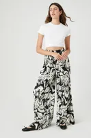 Women's Satin Ornate Print Wide-Leg Pants in Black Medium