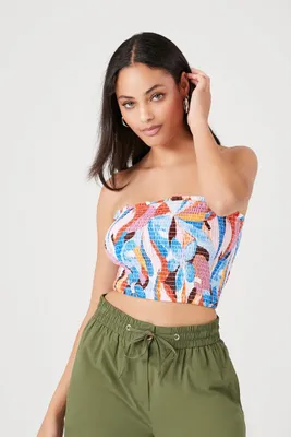 Women's Tropical Print Smocked Tube Top in Blue Small