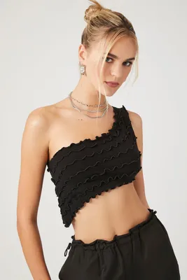 Women's Lettuce-Edge Crop Top in Black Large