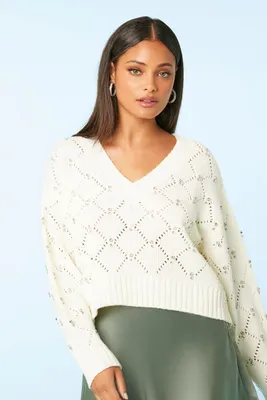 Women's High-Low Rhinestone Sweater in White Medium