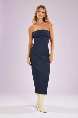 Women's Denim Midi Tube Dress Dark