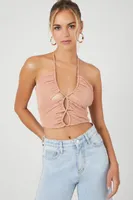 Women's Textured Cutout Halter Crop Top in Taupe, XL